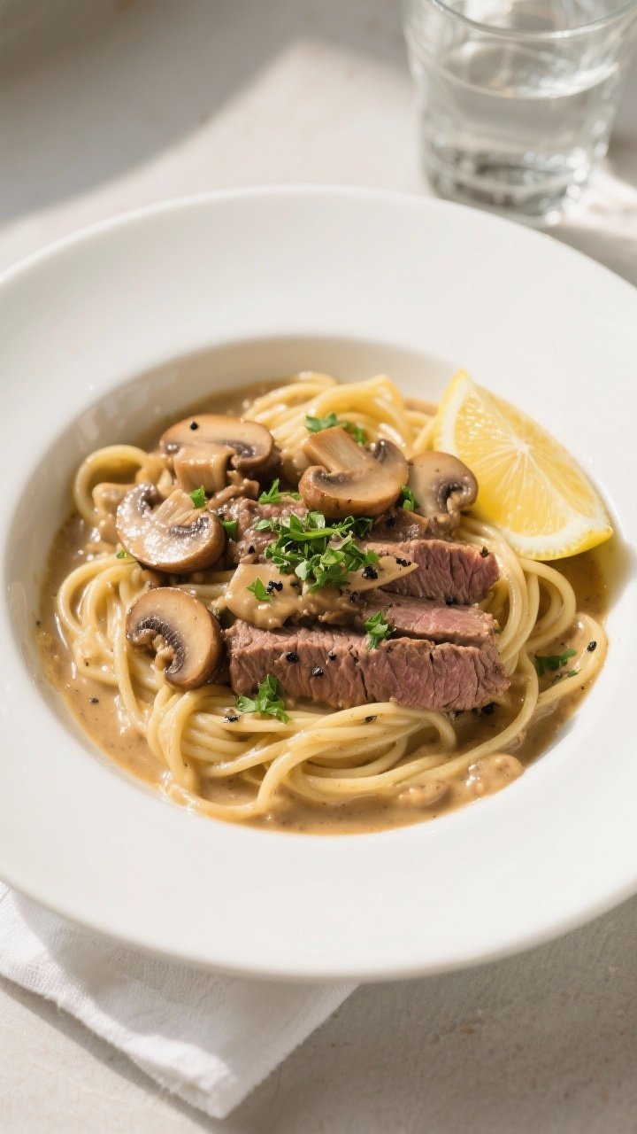 Overhead final presentation of Beef Stroganoff Noodles plated in a wide, shallow white bowl: generou