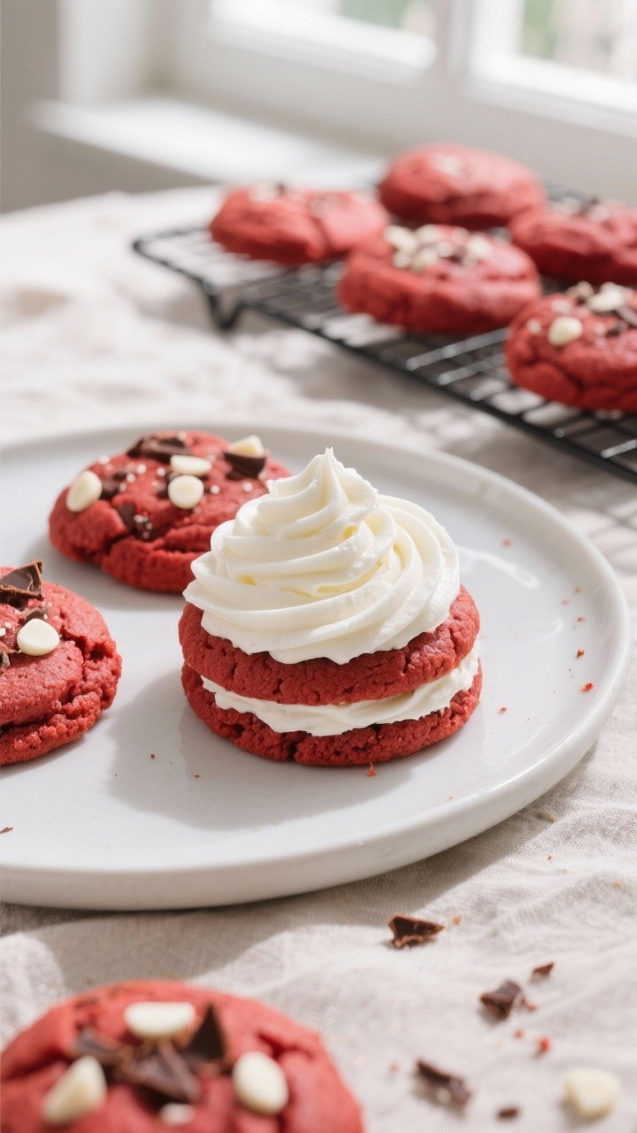 Overhead final presentation of Crumbl-style red velvet cookies generously topped with a thick spiral