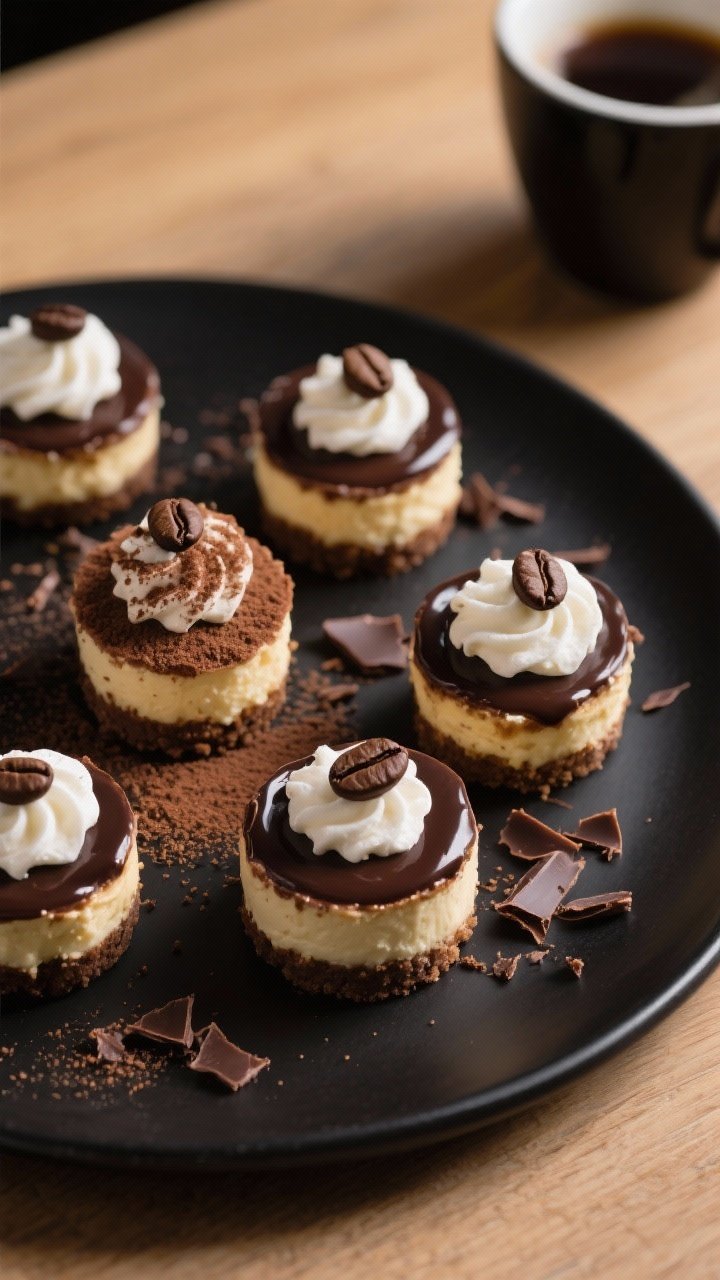 Overhead final presentation of Mini Chocolate Espresso Cheesecake Bites arranged on a matte black pl