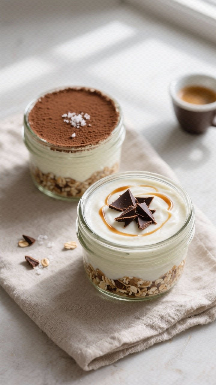 Overhead final presentation of tiramisu overnight oats in two lidded glass jars on a neutral linen n