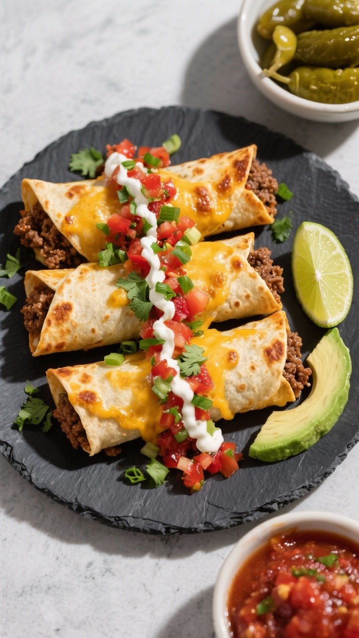 Overhead final presentation: Tasty top-down shot of a plated serving of Cheesy Beef Mince Taquito Ba