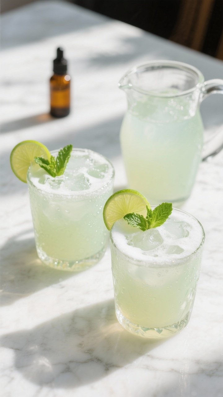 Overhead final presentation: two rocks glasses filled with icy, creamy Brazilian lemonade, pale gree