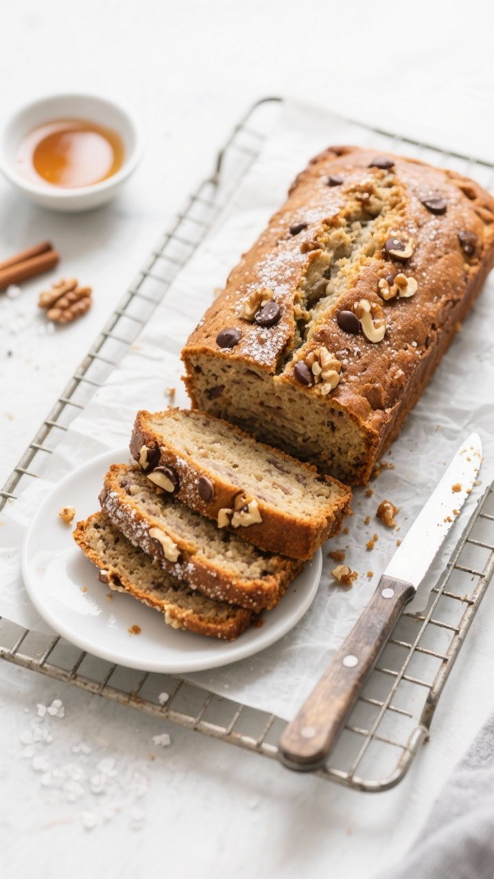 Overhead process/presentation hybrid: The cooled vegan banana bread loaf on a parchment-lined wire r