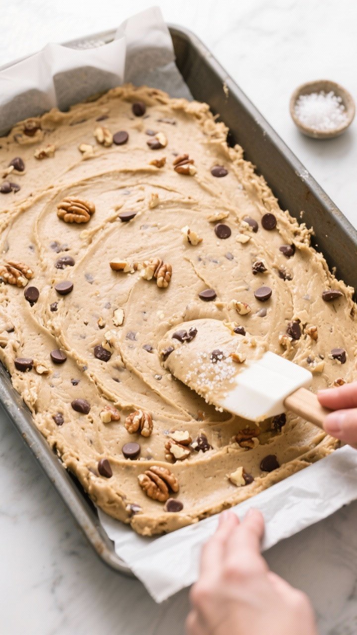 Overhead process shot of the thick cookie-bar dough being evenly pressed into a parchment-lined 9x13