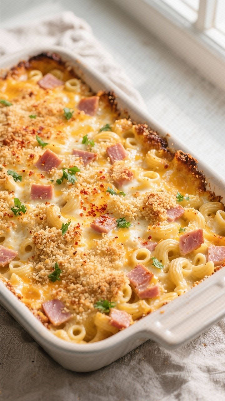 Overhead shot of a bubbling Leftover Ham Mac and Cheese Bake just out of the oven in a 9x13 casserol