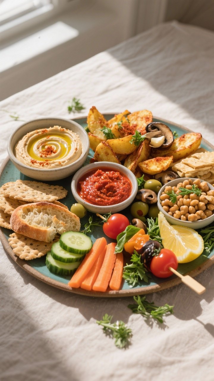 Overhead shot of a colorful Mixed Vegan Tapas Platter fully assembled: silky hummus swirled in a sha