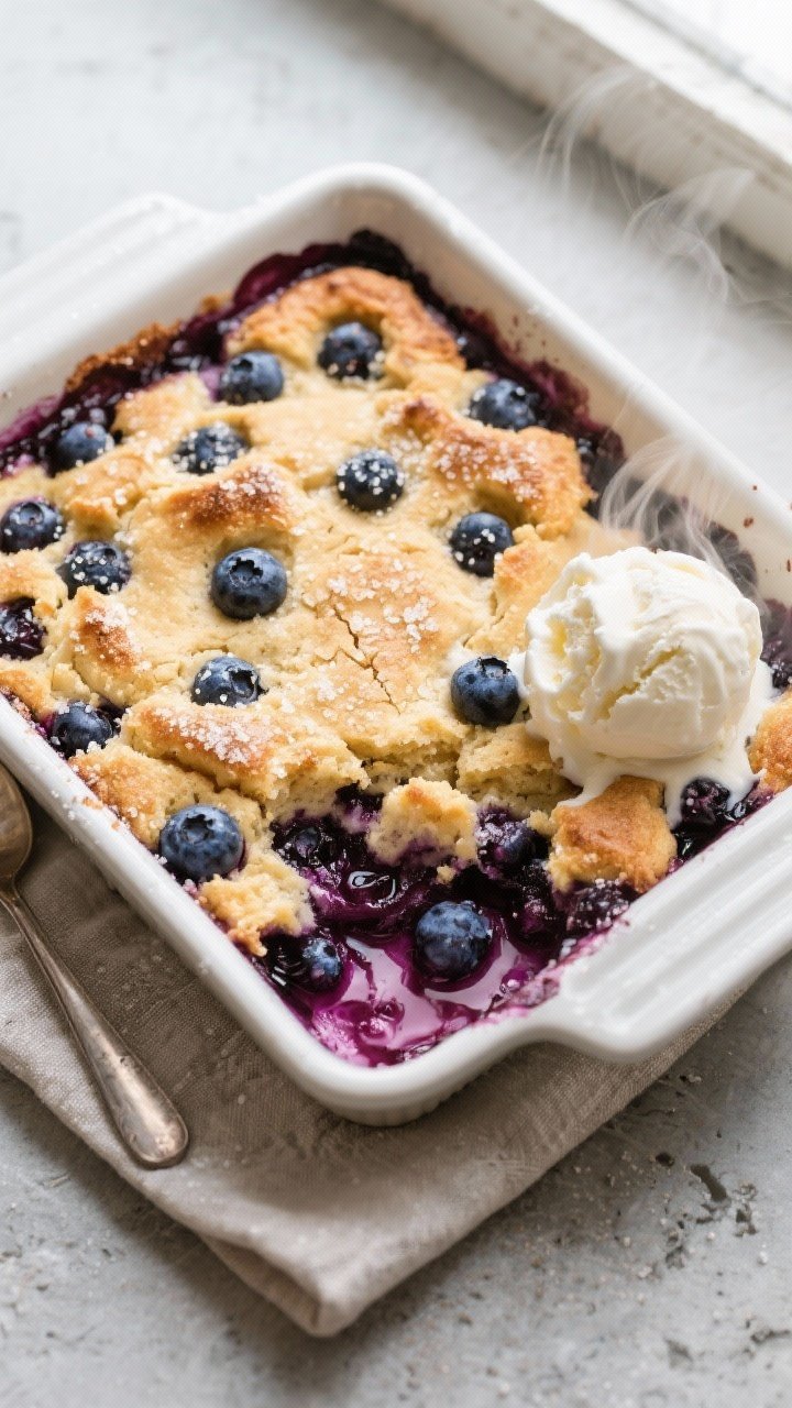 Overhead shot of a freshly baked blueberry cobbler in a 9-inch square baking dish, deep golden batte