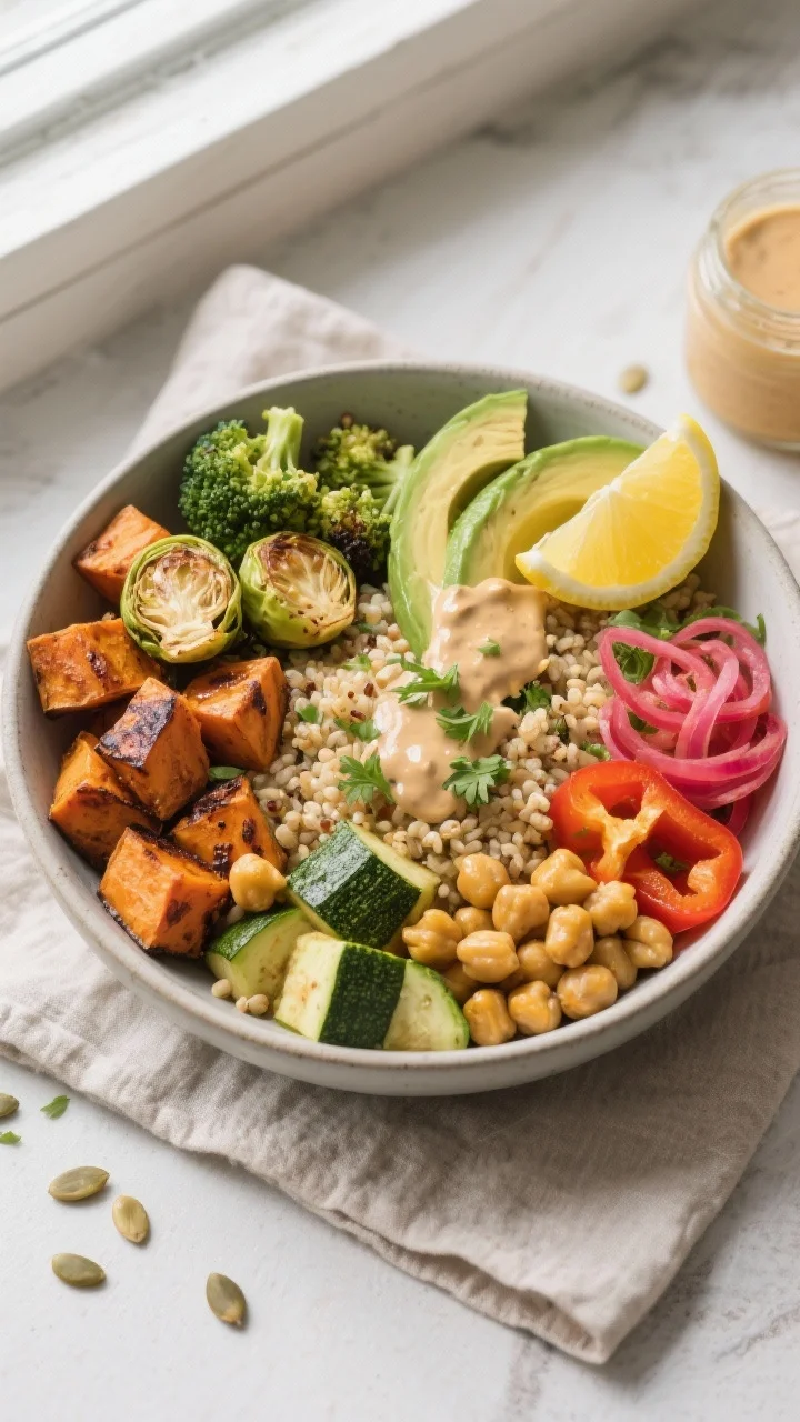 Overhead shot of a fully assembled Roasted Veggie Buddha Bowl: warm quinoa base topped with carameli