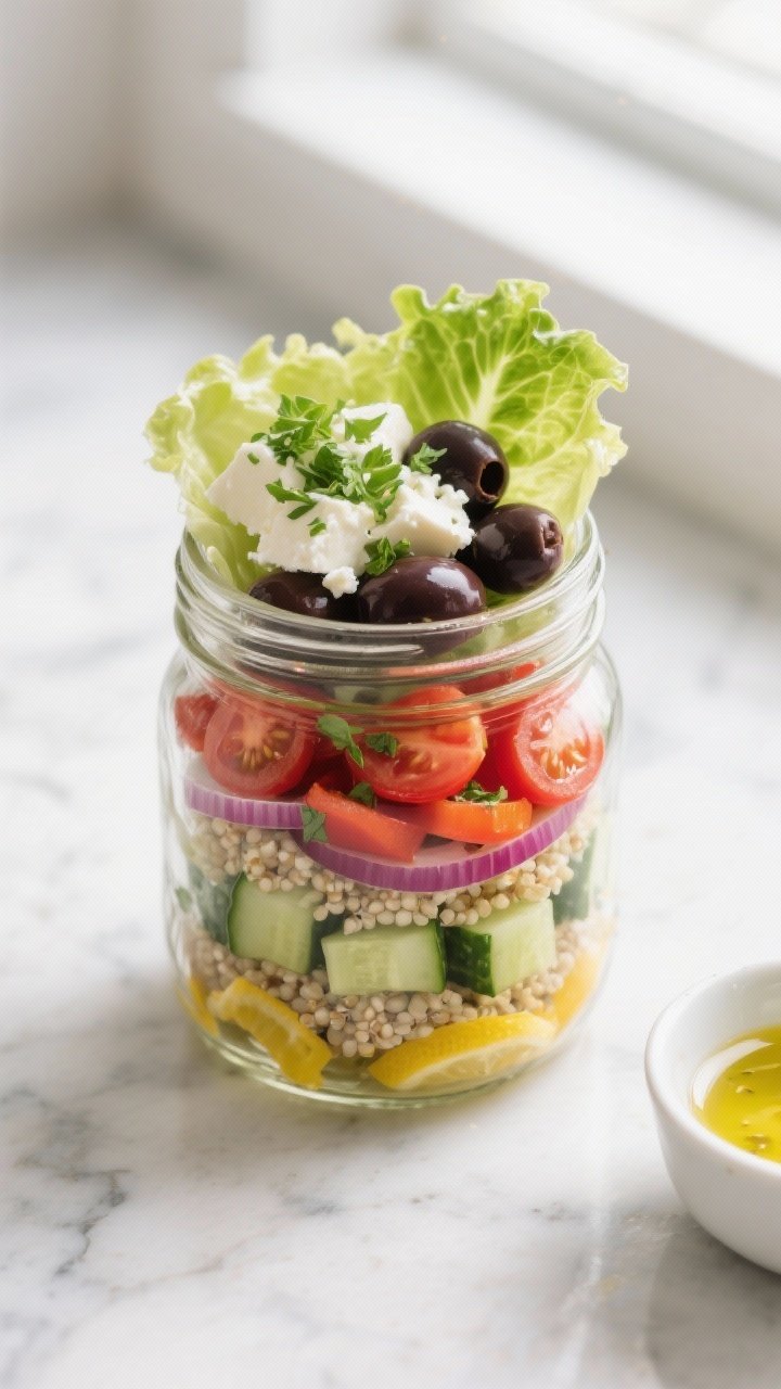 Overhead shot of a fully layered mason jar Greek salad, ready to eat: bright lemon-herb dressing vis