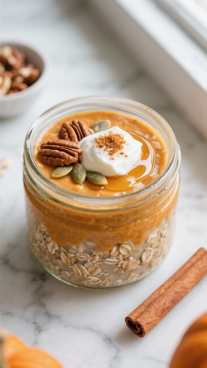 Overhead shot of a jar of Pumpkin Spice Overnight Oats just after an overnight chill, lid off and oa