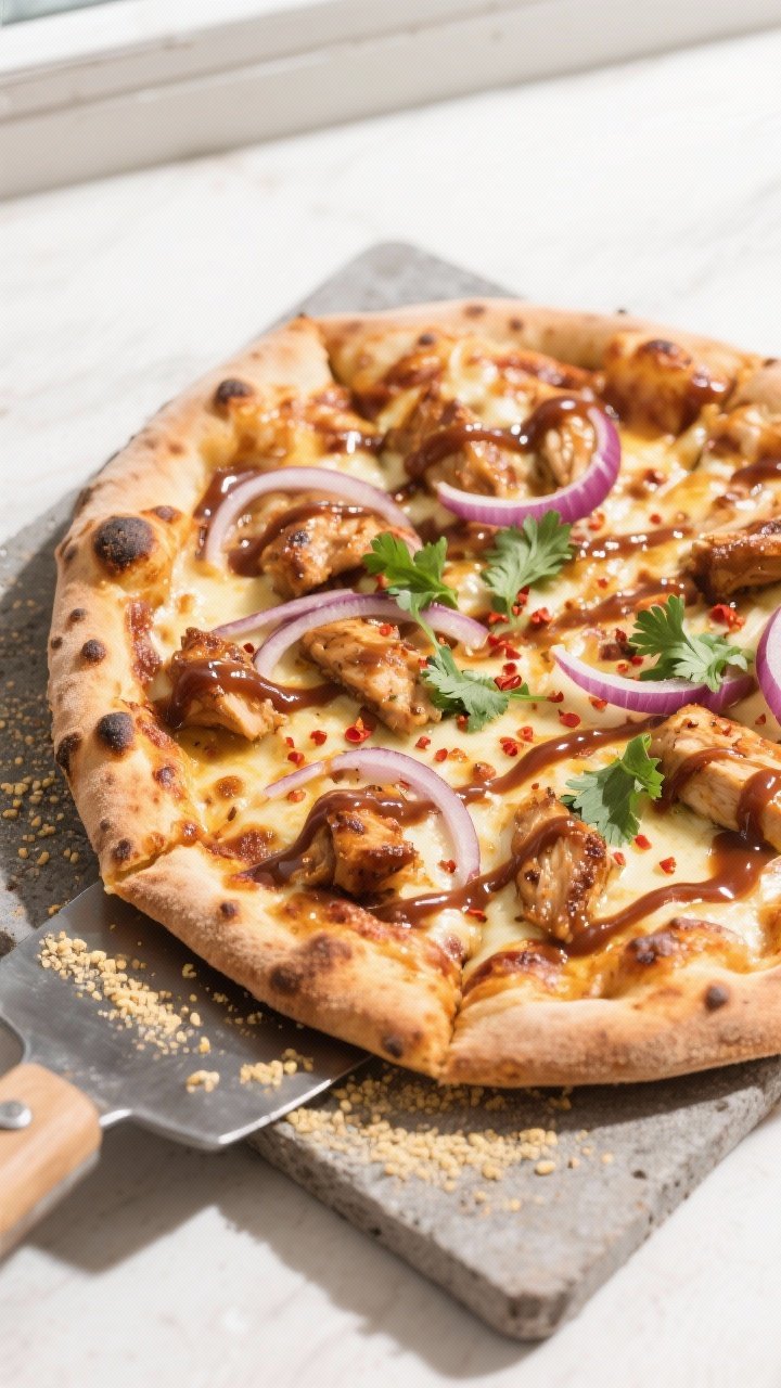 Overhead shot of a just-baked BBQ chicken pizza on a preheated pizza stone, cheese bubbling with bro