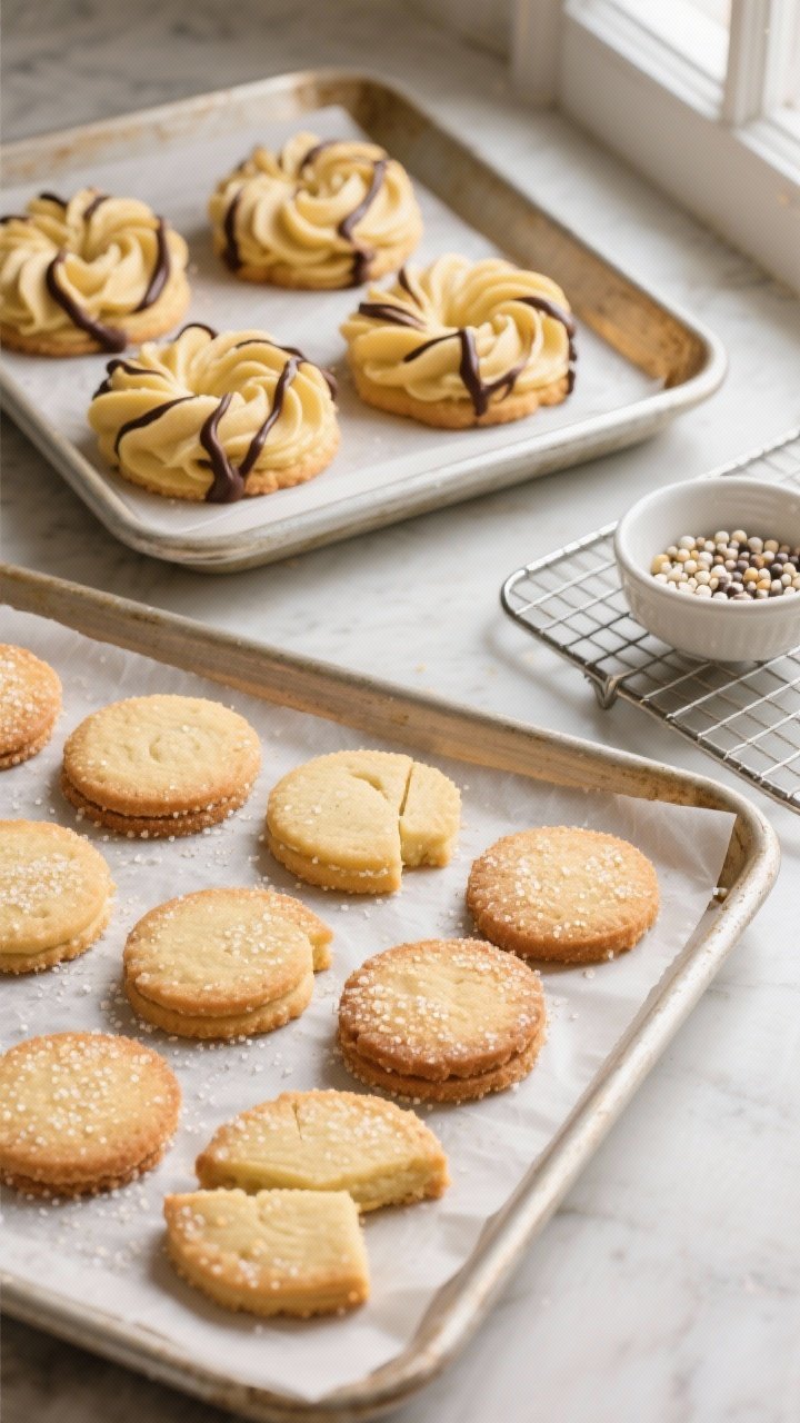 Overhead shot of freshly baked butter cookies in three styles—piped rosettes with light golden edg