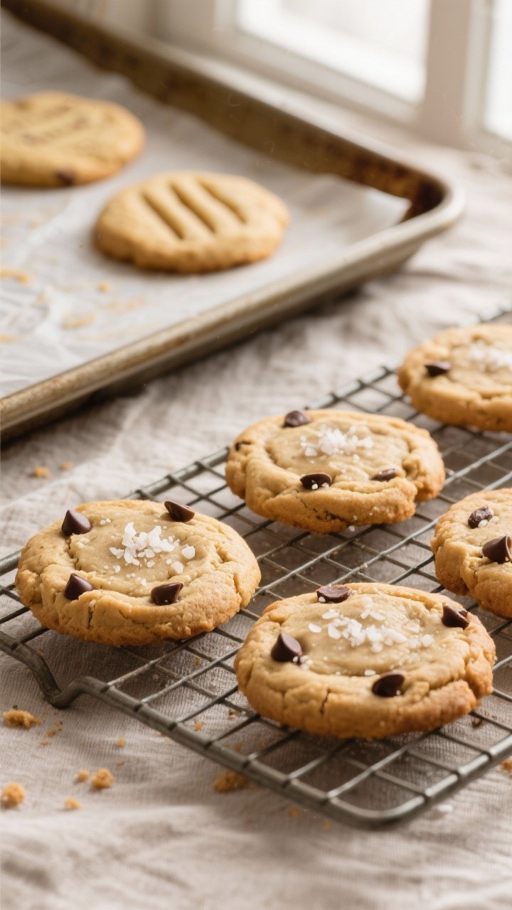 Overhead shot of freshly baked Peanut Butter Banana Cookies cooling on a wire rack, edges lightly go