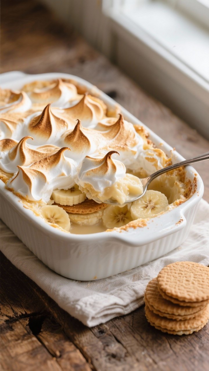 Overhead shot of freshly baked Southern banana pudding in a 2-quart white ceramic baking dish just o