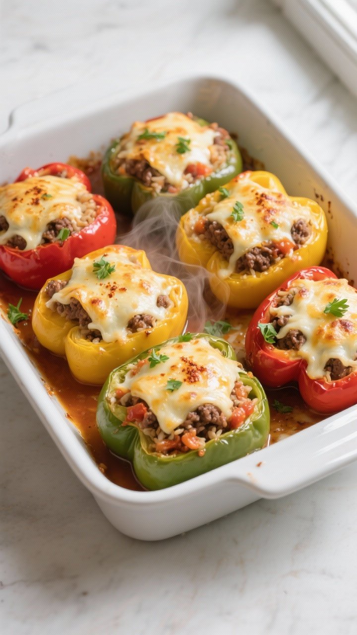 Overhead shot of stuffed bell peppers just out of the oven, uncovered after the cheese-melt stage: s