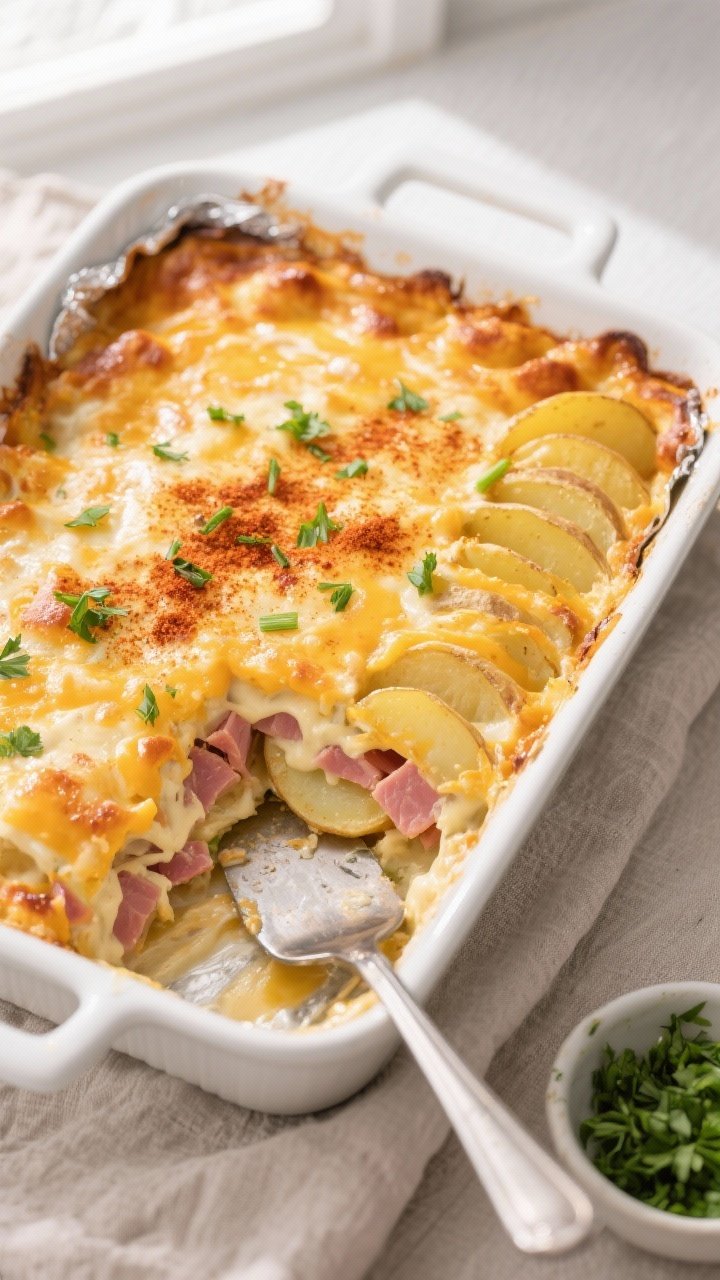 Overhead shot of the Cheesy Ham and Potato Casserole just out of the oven, foil removed, showing a d