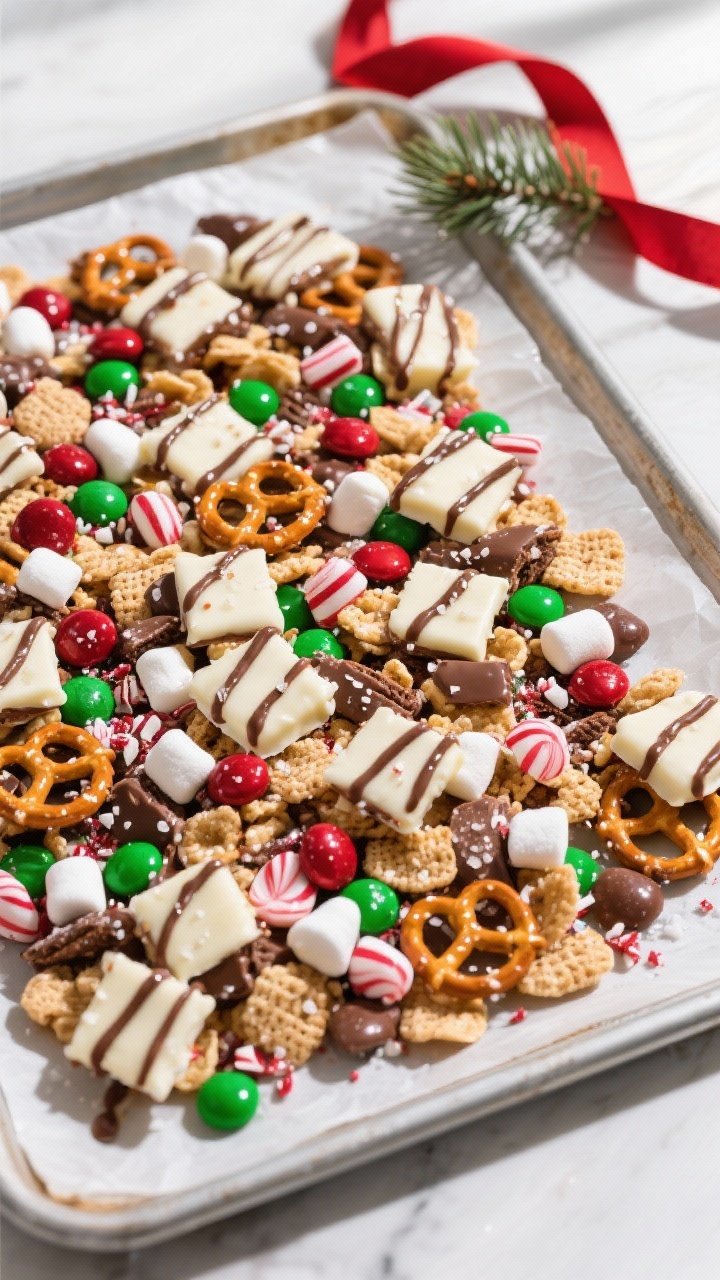 Overhead shot of the finished No-Bake Christmas Snack Mix spread in a thin, even layer on parchment-