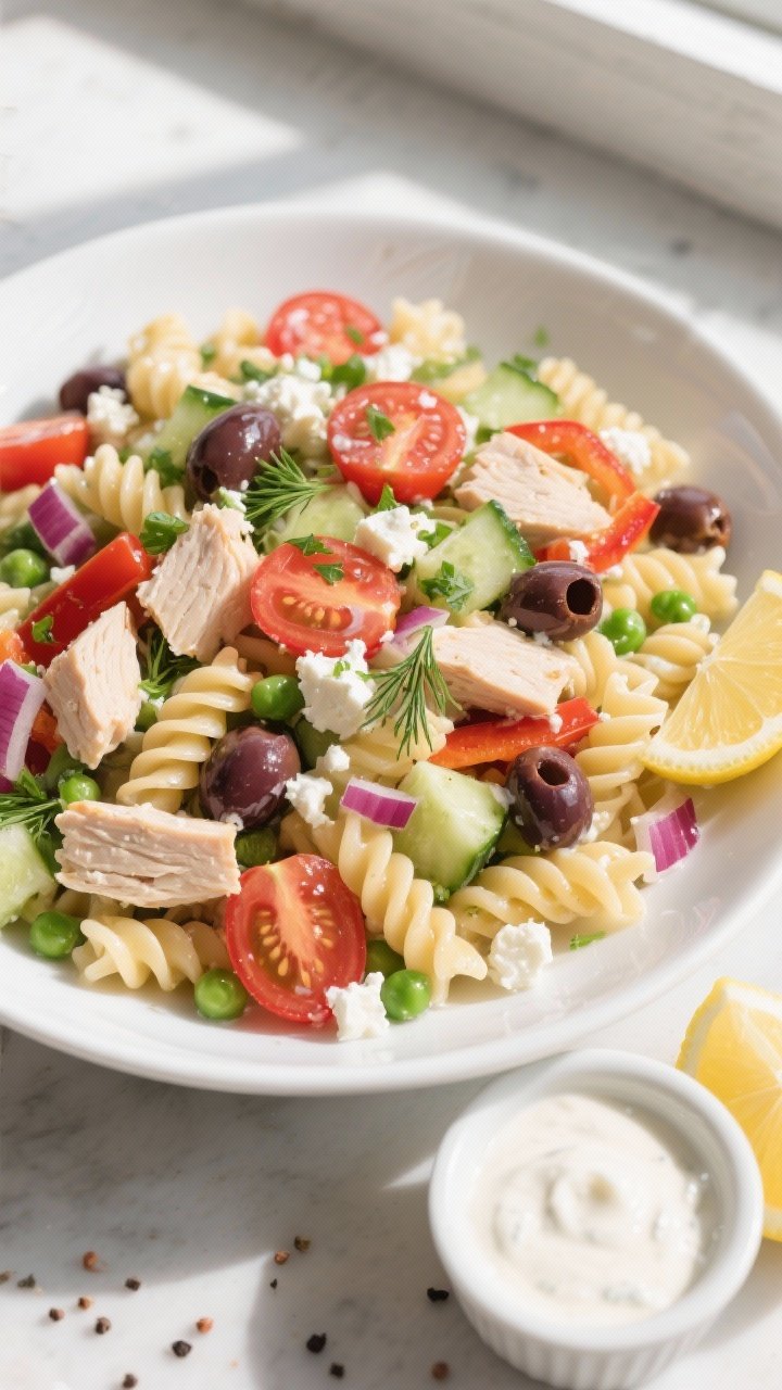 Overhead shot of the finished Protein-Packed Chicken Pasta Salad in a wide, shallow white bowl, show