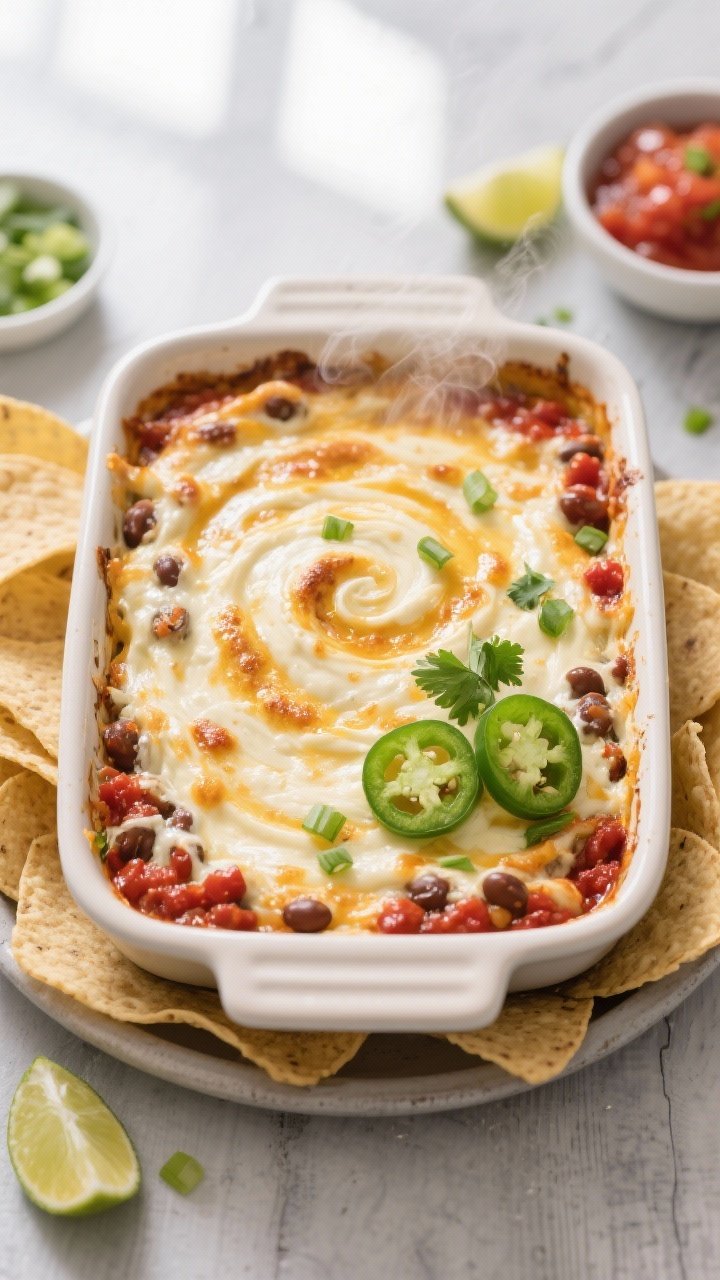 Overhead shot of the freshly baked Cream Cheese Bean Dip in an 8x8 ceramic baking dish, edges bubbli