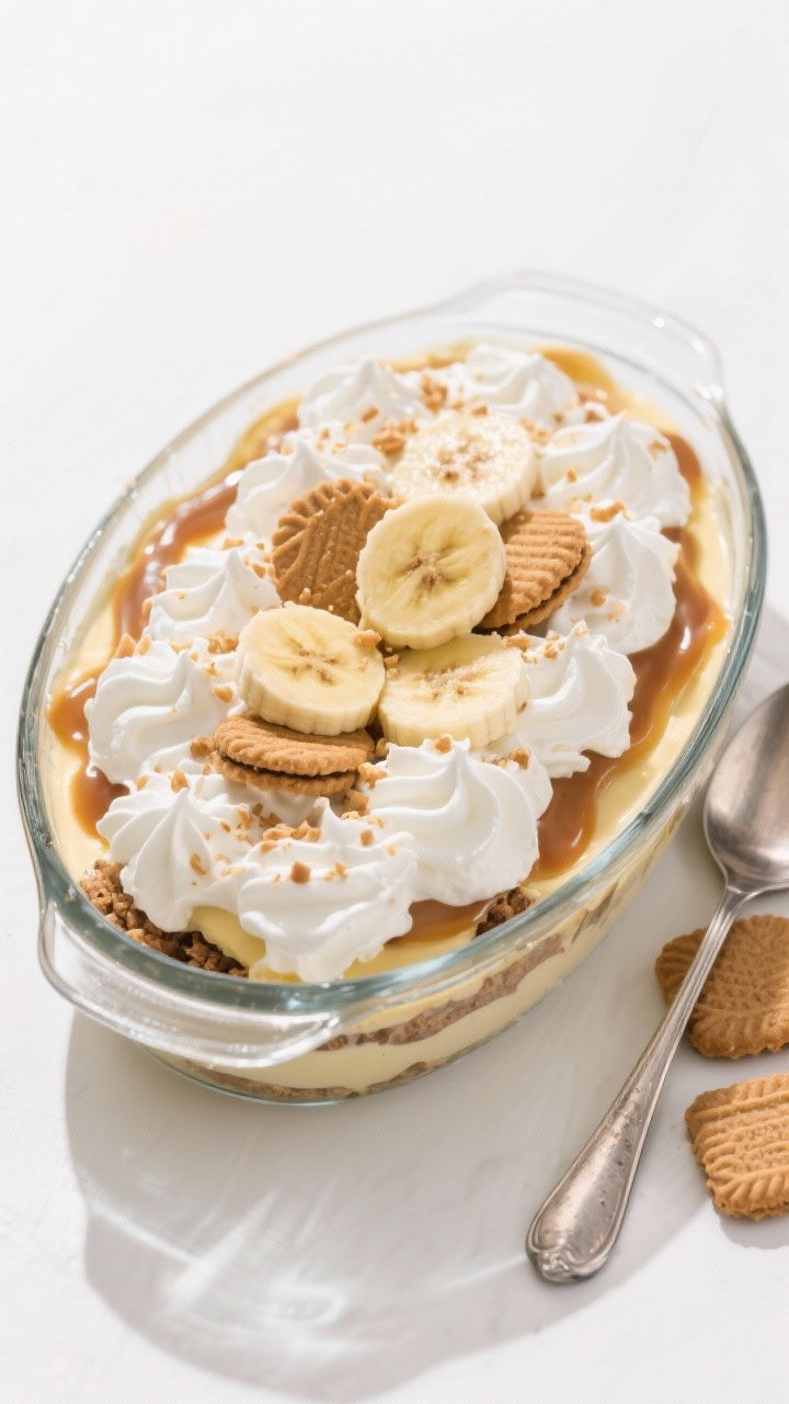 Tasty top-down final presentation: Overhead shot of a chilled banana pudding in a 2-quart oval bakin