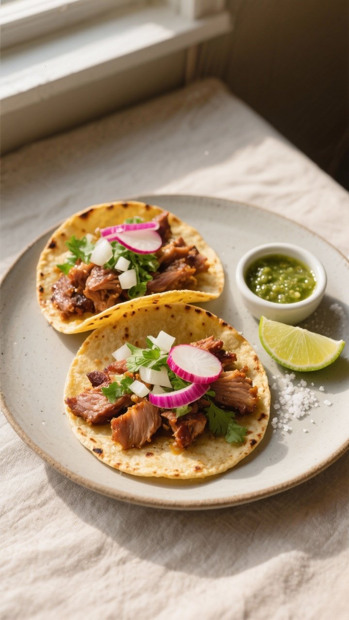 Tasty top view, final dish presentation: Overhead shot of street-style pork carnitas tacos—two sma