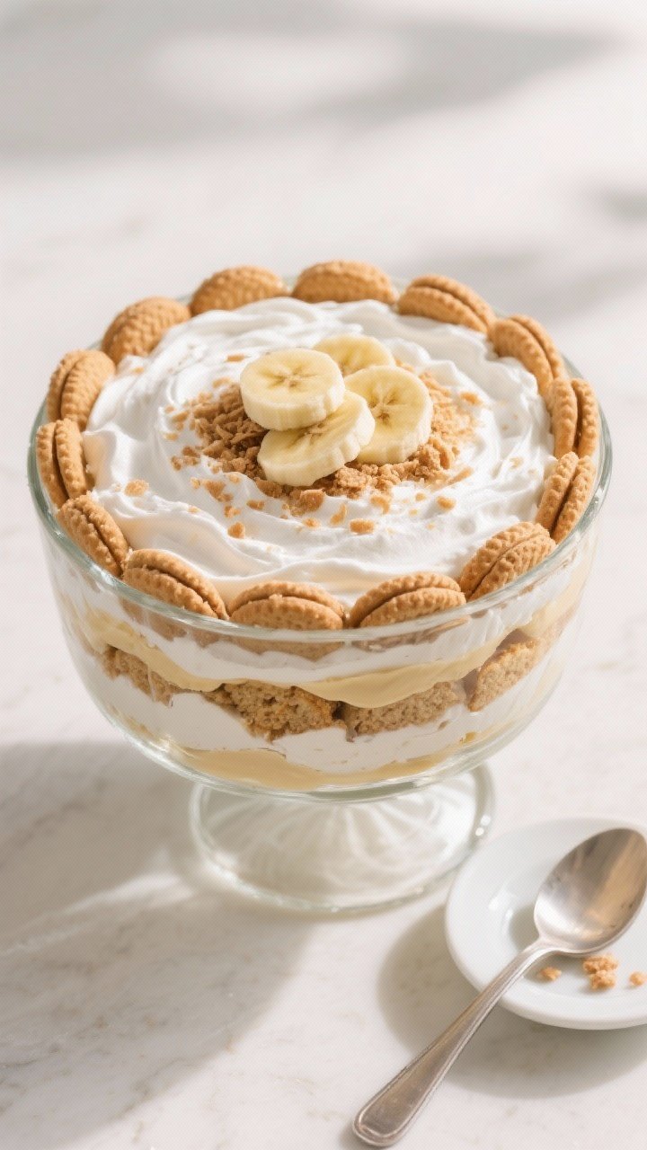 Tasty top-view final presentation: Overhead shot of the finished Cool Whip Banana Pudding Trifle in 