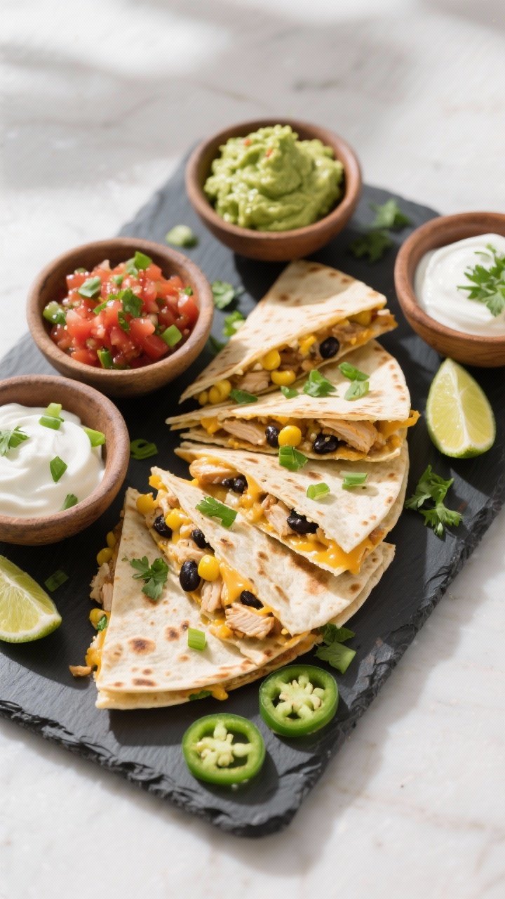 Tasty top view final presentation: Overhead shot of a platter of mini chicken quesadillas sliced int