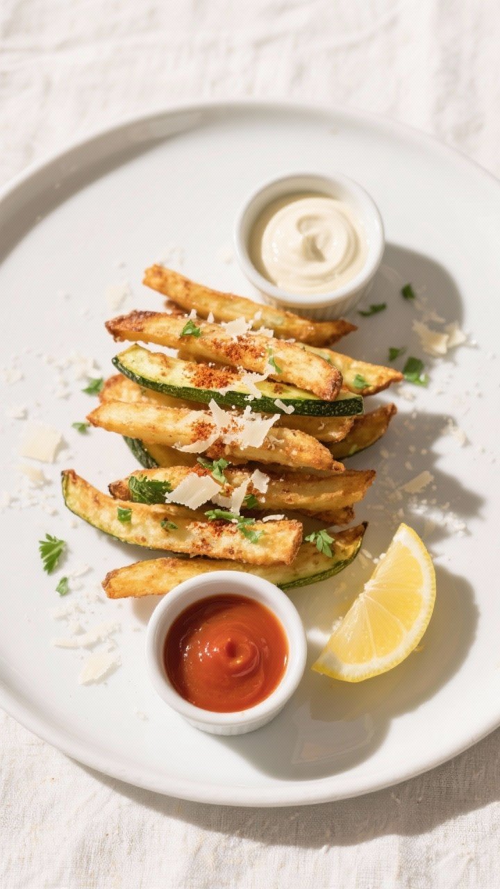 Tasty top-view final presentation: overhead shot of zucchini fries arranged in a neat stack on a mat