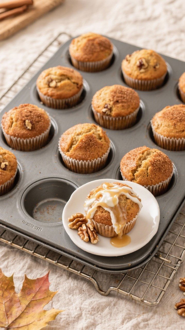 Tasty top view (process + final): Overhead shot of a 12-cup muffin tin on a wire rack, muffins baked