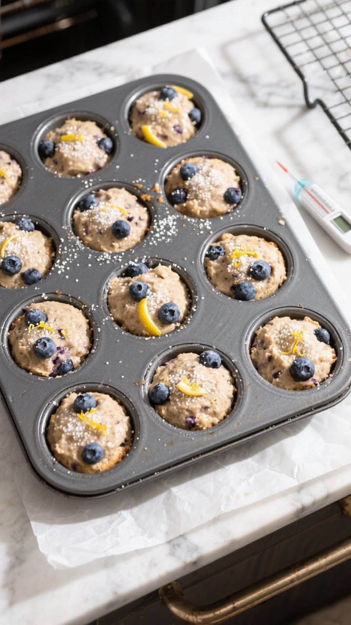 Tasty top-view process shot: Overhead shot of a 12-cup muffin pan just filled 3/4 full with lumpy bl