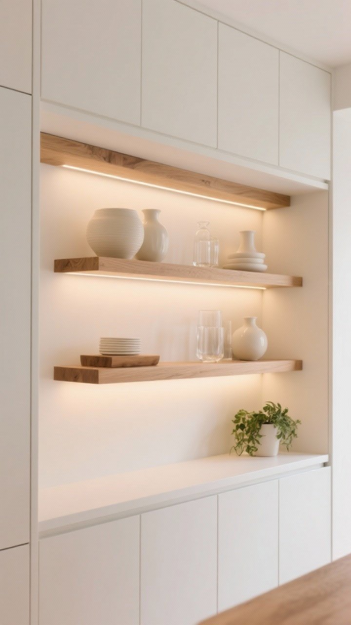 5–2 inch) floating oak shelves styled with a tight palette—white and cream ceramics, clear glass, wood accents, and a touch of greenery; discreet LED strip under the bottom shelf casting a warm glow; surrounding warm white cabinetry kept closed, photorealistic.