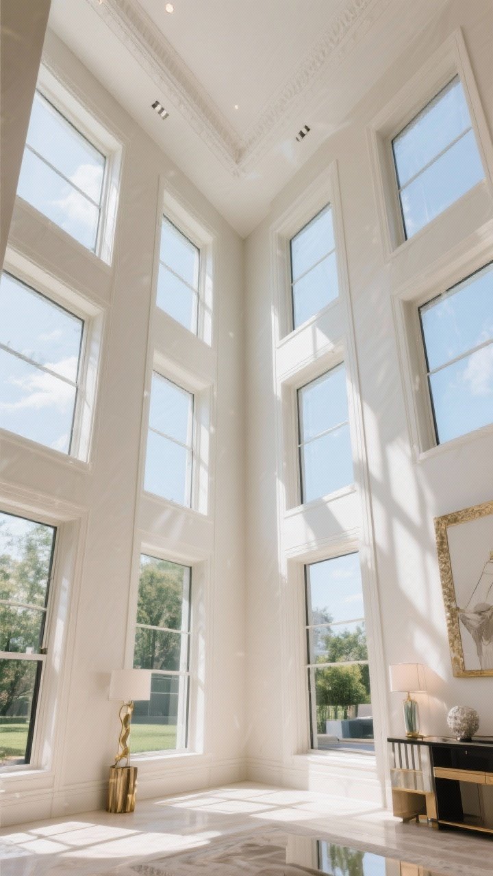 5–2x window width for fullness. Bright, even daylight, tall ceilings, architectural, luxurious feel. Corner-angle perspective to emphasize height.