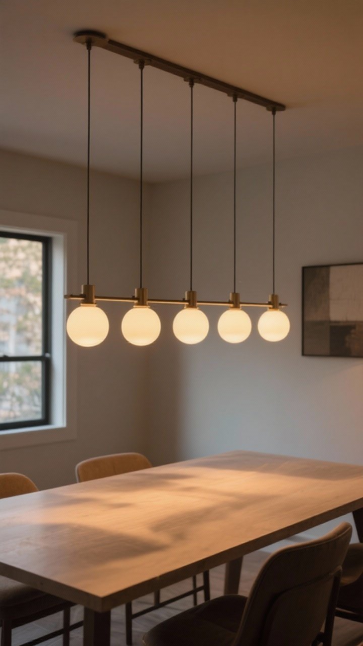 5) and hung 30–36 inches above the table; warm 2700K bulbs on a dimmer creating cozy glow; crisp shadows on tabletop, photorealistic.