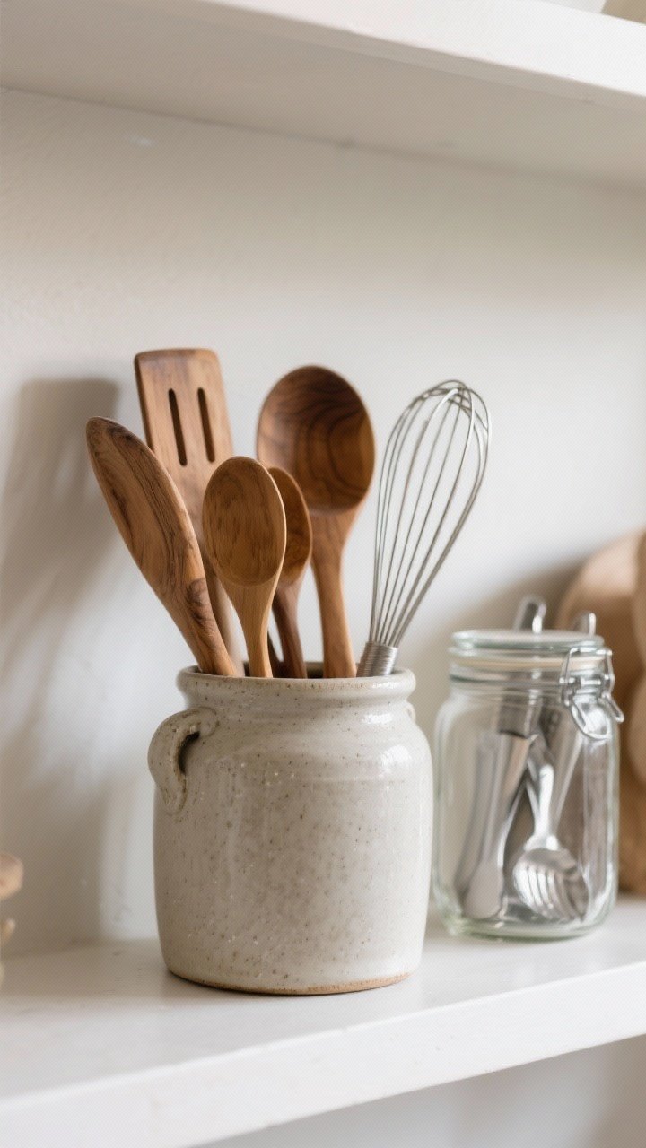 A closeup detail of everyday tools displayed beautifully: a stoneware crock filled with all-wood utensils—spoons, spatulas, and a whisk—arranged by height with taller pieces in back. The crock sits on a shelf beside a vintage glass jar holding a few stainless tools kept off-camera. Clean, practical, and edited selection, under bright natural task lighting.