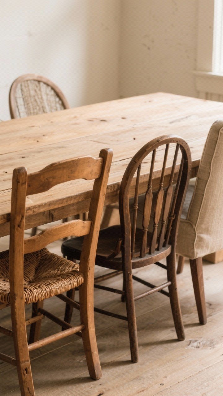A closeup detail shot of mismatched farmhouse chairs pulled up to a wood table: a cane-backed chair next to a Windsor chair and an upholstered host chair at the end; all wood chairs unified by a similar warm stain, with the upholstered host chair in a soft neutral linen; gentle side lighting accentuating textures; cropped to focus on chair backs and finishes for instant personality.