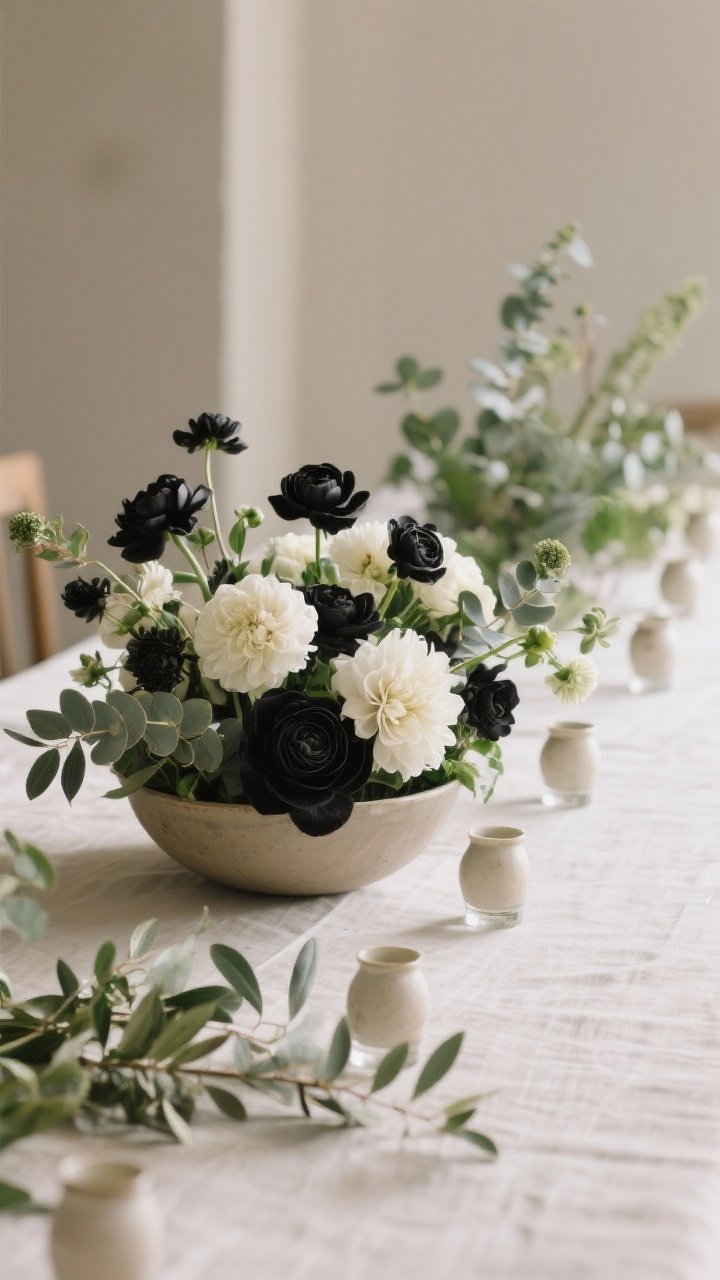 A closeup, eye-level detail of low florals on a runner: a shallow bowl arrangement of monochrome blooms (peonies, ranunculus, dahlias) kept loose and low, interspersed with a line of petite bud vases. Include a variation using only greenery—eucalyptus and olive branches—tucked low for conversation-friendly height. Soft natural light, muted tones, and a minimal backdrop so the low, airy florals feel fresh and luxe.