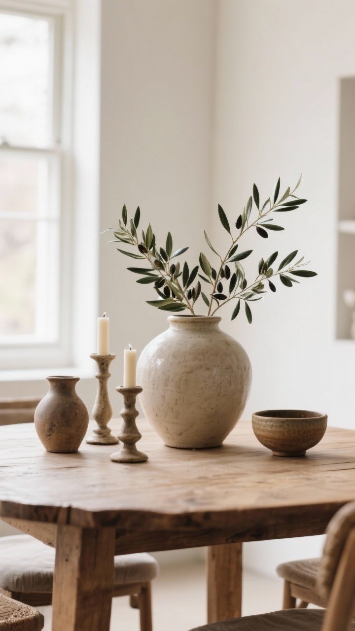 A closeup, eye-level shot of a simple, high-impact centerpiece: one oversized ceramic vase with olive branches centered on a natural wood table, flanked by a tight trio of rustic vessels—two candlesticks of varying heights and a small pottery bowl; clean composition, easy to move for meals; soft window light highlighting organic forms.