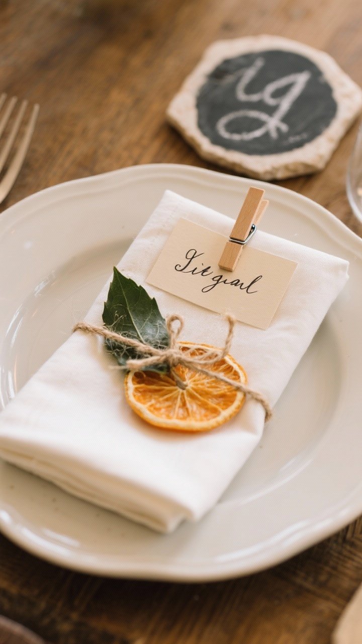 A closeup, overhead shot of personalized place settings: a plate with a neatly layered napkin topped by a tiny detail—mini clip holding a handwritten name, or a leaf/sprig/dried orange slice tied with string. Include an alternative using tile or stone coasters lettered with a chalk pen as the place card. Warm, intimate light and shallow depth of field to focus on the handmade personalization.