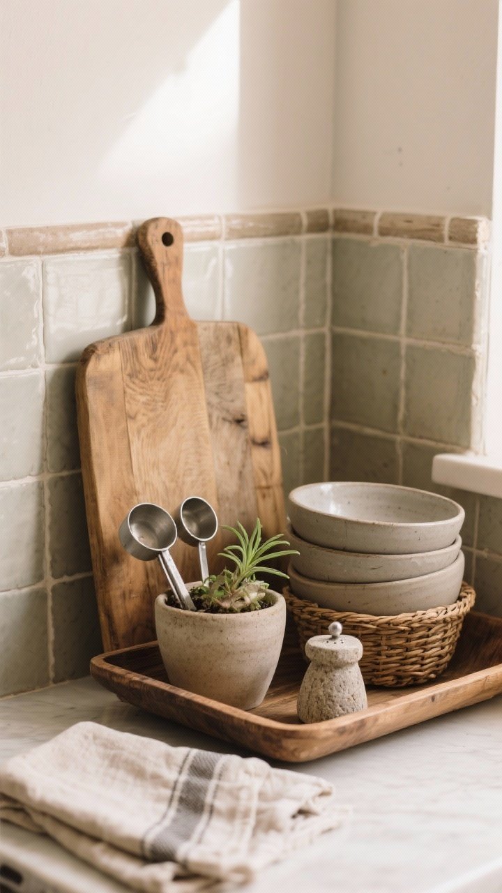 A detail closeup from a corner angle showing layered textures: a rustic wood cutting board and shallow tray propped against a tiled backsplash as the base layer, stacked matte stoneware bowls and nested metal measuring cups in the middle, and a small plant in a ceramic pot plus a stone salt cellar at the front. Emphasize the tactile mix of smooth ceramics, woven basket weave, raw wood grain, and linen napkins; warm natural light.