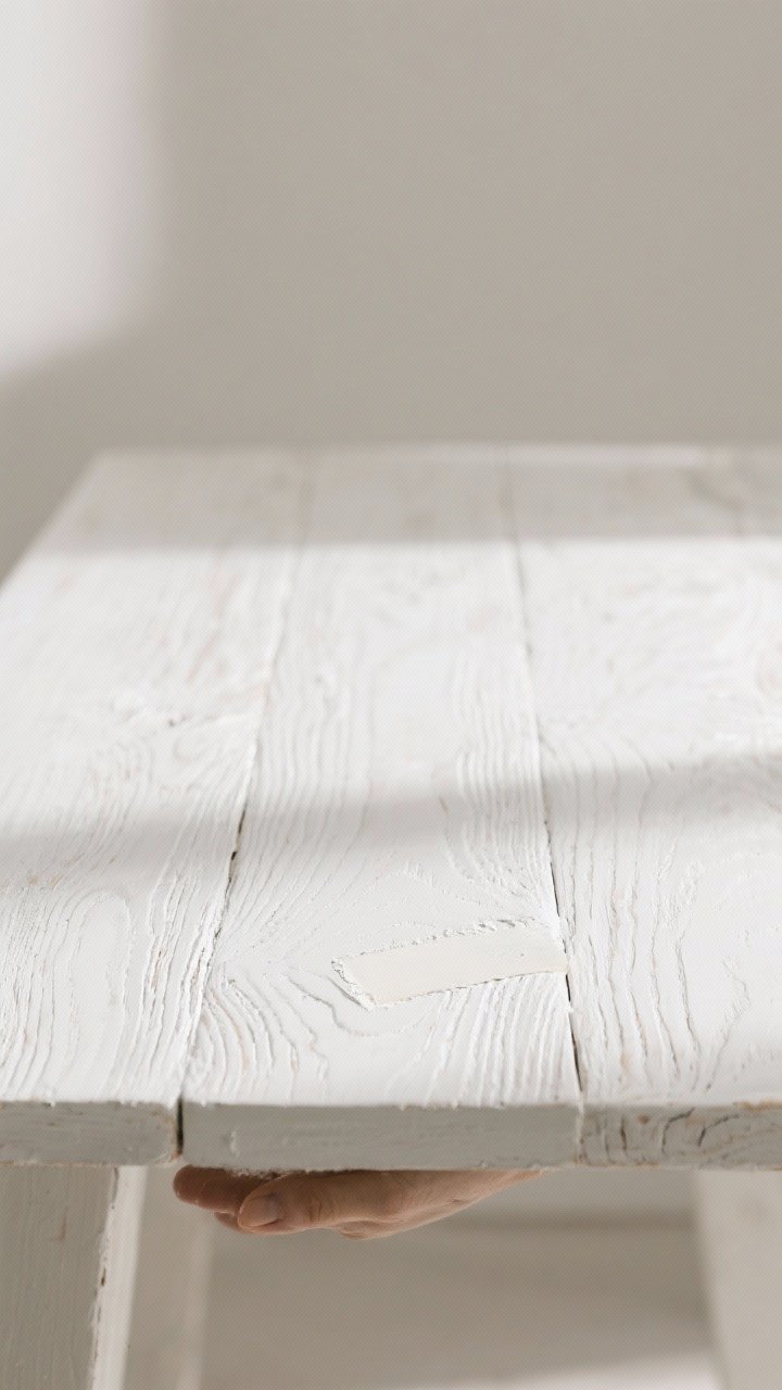 A detail closeup of a whitewashed wood tabletop in soft, indirect light, showing a 50/50 diluted white paint effect wiped back to reveal prominent grain; a hand-sized test swatch visible on the underside edge; finished with a matte water-based poly sheen that looks natural; neutral background to emphasize airy, weathered texture.