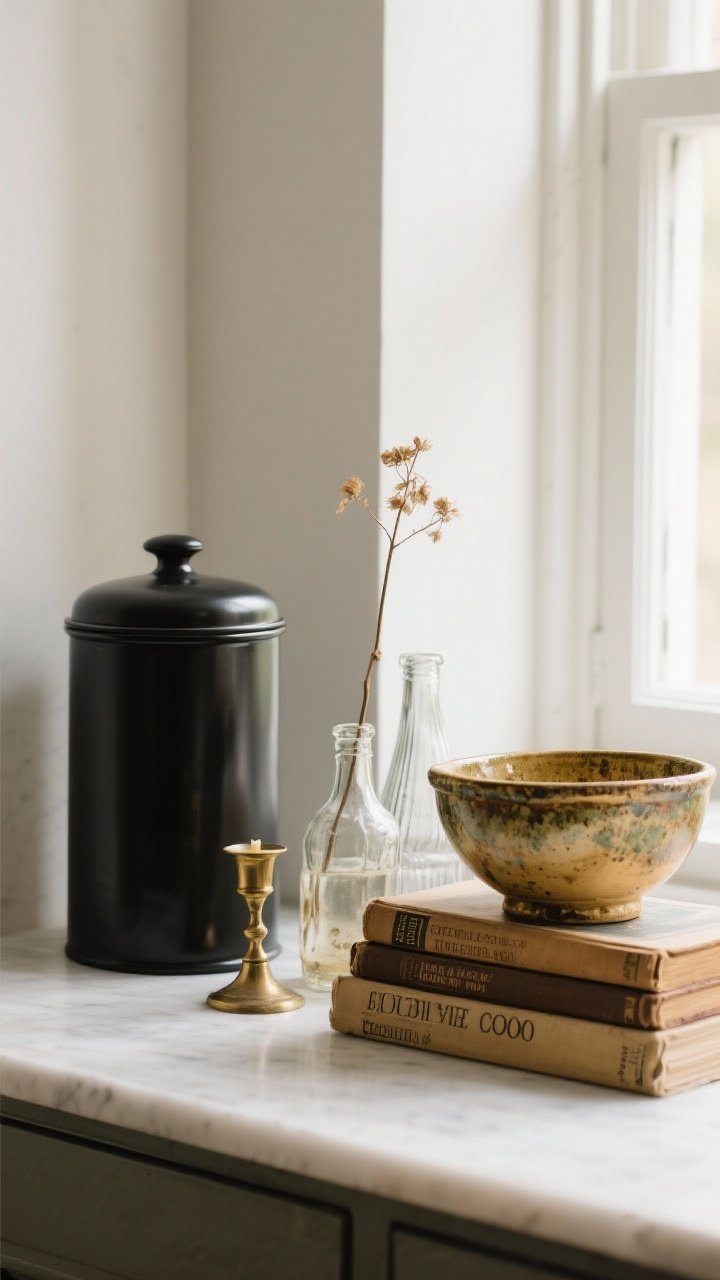 A detail closeup showcasing vintage-meets-modern contrast: a sleek, matte-black espresso canister beside a well-worn grandmother’s mixing bowl with patina, paired with small brass candlesticks and a couple of antique glass bottles holding a single dried stem. A short stack of old cookbooks lies horizontally with a bowl on top. Mixed materials—brass, aged ceramic, glass—under warm window light.