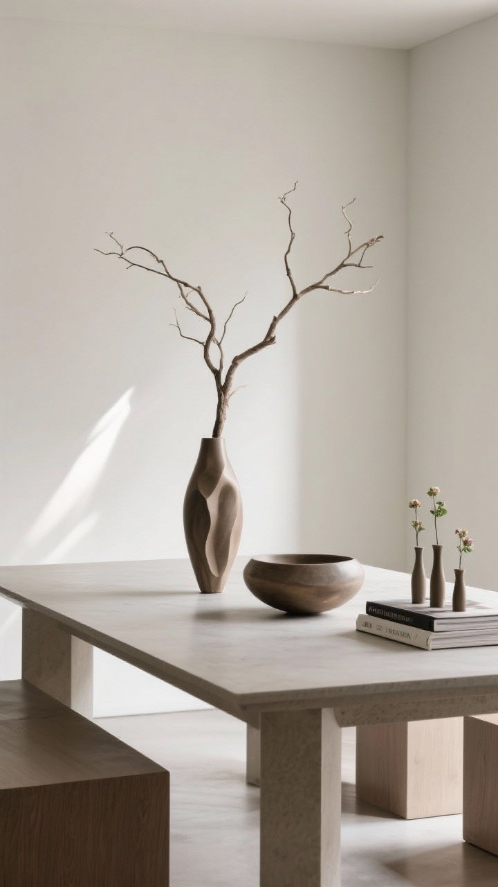 A medium, asymmetric composition of a rectangular dining table: a single tall statement vase with sculptural branches placed slightly off-center, balanced by a low sculptural bowl and a short stack of design books on the opposite side. Two or three tiny bud vases trail along the remaining space. Shot from a corner angle to emphasize off-center balance and varying heights, with clean sightlines and diffused afternoon light.