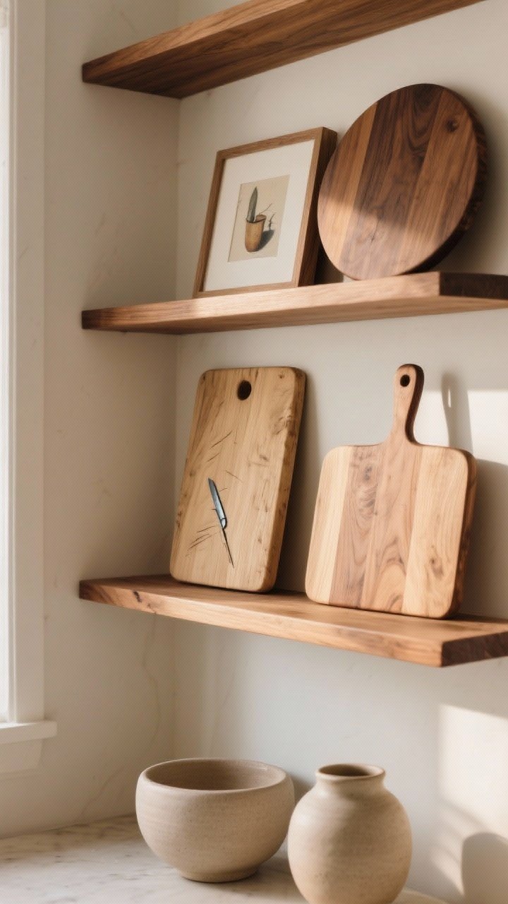A medium corner-angle shot of shelves with leaned cutting boards and art: round and rectangular boards in walnut and oak layered as a backdrop, with a small framed still-life print partially overlapping. One board shows slight knife marks for authenticity while another remains pristine. Neutral ceramics sit in front, anchored visually. Warm afternoon light enhances wood grain.