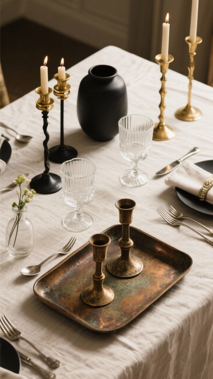 A medium, editorial composition showcasing mixed metals and materials with intention: repeat each finish at least twice. Example 1: brass + black iron—brass candlesticks and napkin rings paired with black iron flatware and a matte black vessel. Example 2: polished nickel + glass—nickel candleholders and flatware with clear glass hurricanes and bud vases. Example 3: antique brass + patinated bronze—aged candleholders and bronze tray. Neutral linens tie it together; warm, diffused lighting highlights the finishes without glare.