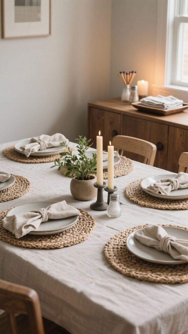 A medium, everyday set table that feels casual and intentional: woven placemats or simple chargers under each setting, cloth napkins casually knotted atop plates, and one focal centerpiece such as a small plant or a trio of candles. Include a nearby tray on a sideboard holding napkins, salt and pepper, and matches. Day-to-night transitional lighting, slightly warm, to suggest quick weeknight readiness.
