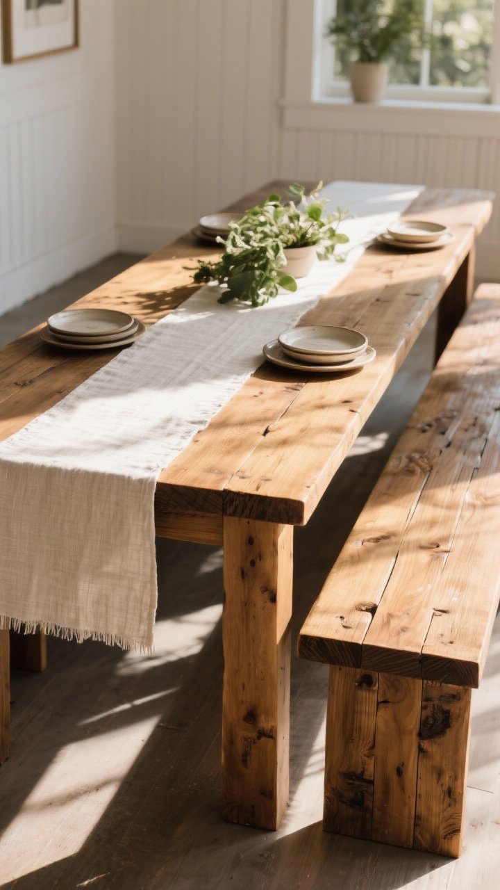 A medium, oblique angle of a long rectangular farmhouse table (about 84 inches) featuring breadboard ends that are subtly darker than the main top; a narrow linen runner centered to highlight the joinery; warm wood tones, simple ceramic plates, and understated greenery; afternoon sunlight grazing the tabletop to reveal the structure and visual weight.