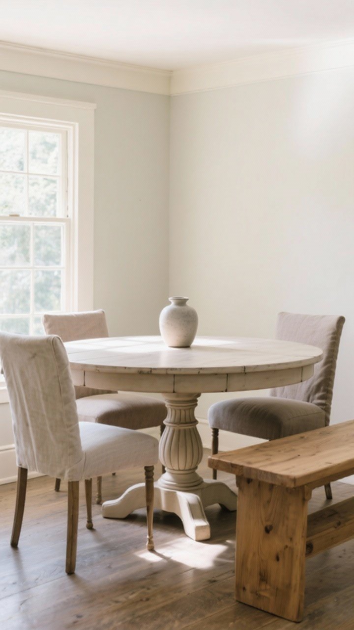 A medium, round pedestal farmhouse table with a turned, curvy pedestal base, styled in a small dining nook; 54-inch round top for six, surrounded by a mix of slipcovered side chairs and a simple wood bench; bright morning light, pale neutral walls, and a single vase on the table; photorealistic, slightly elevated angle highlighting the spacious legroom and elegant, compact footprint.