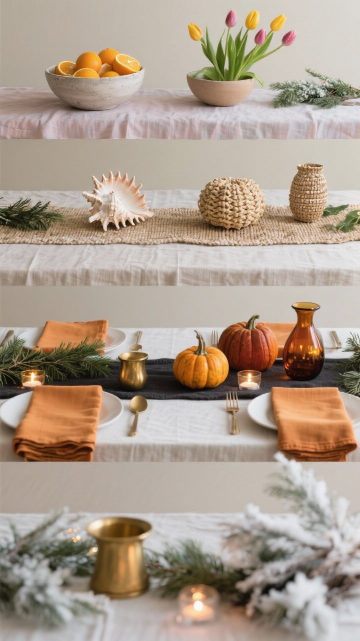 A medium seasonal vignette series on the same table, shown as subtle swaps: spring—pastel linens, a bowl of citrus, tulips; summer—woven textures, a shell- or coral-inspired object, bright napkins; fall—mini pumpkins, amber glass vessels, rust or ochre napkins; winter—evergreen clippings, brass accents, a charcoal runner, and twinkling tea lights. Neutral background and consistent angle for easy comparison.