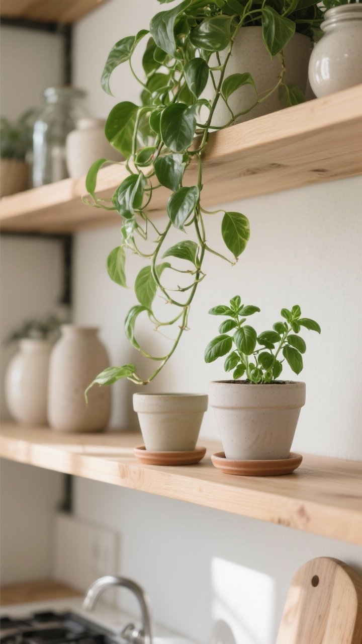 A medium shot focusing on greenery integrated into kitchen shelves: a trailing pothos and a small basil plant each in simple ceramic pots, one per shelf, with a subtle saucer beneath to protect wood. Plants gently cascade among neutral ceramics and jars, adding movement and life. Indirect daylight creates a fresh, airy mood; realistic textures on leaves and pots.