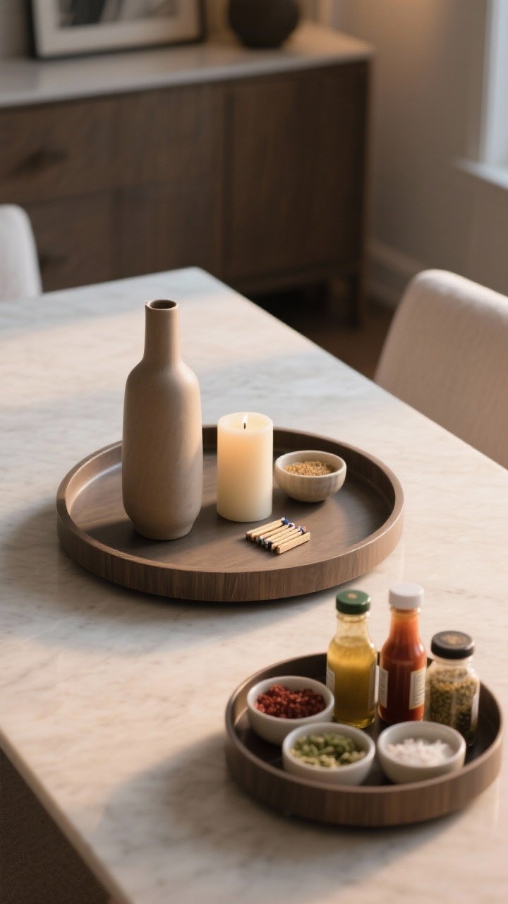 A medium shot of a center tray or lazy Susan doing double duty: on a rectangular table, a round or oval tray styled with the rule of three—one tall item (vase), one medium (candle), one small (match striker or tiny bowl). In a second setup, swap decor for dinner condiments and toppings on a rotating lazy Susan. Straight-on perspective with balanced, practical elegance and soft evening light.